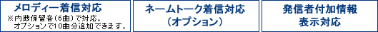 メロディ着信対応※内蔵保留音(6曲)で対応。オプションで10曲分追加できます、ネームトーク着信対応(オプション)、発信者付加情報表示対応