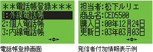 電話帳登録画面(左)と発信者付加情報表示例(右)