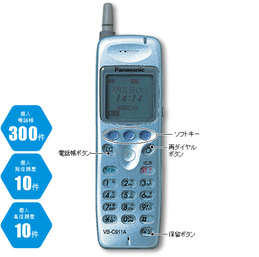 デジタルコードレス電話機VB-C911A。個人電話帳300件、個人発信履歴10件、個人着信履歴10件